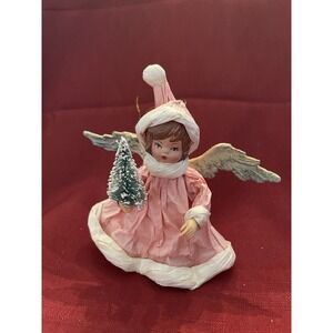 Beautiful Vtg. Paper/Plastic Angel In Santa Hat-5.5" Christmas Ornament